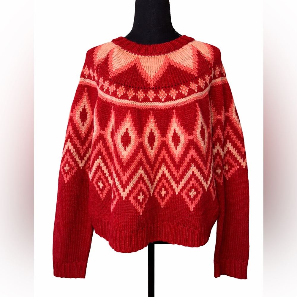 True Craft Red Fair Isle‎ Nordic Crew Neck Sweater XL Cozy Winter Knit